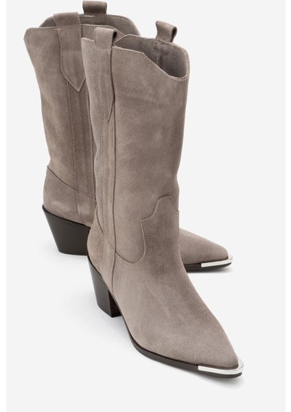 Alvı Vizon Süet Hakiki Deri Metal Detaylı Kadın Western Bot