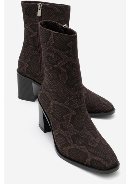 Chara Kahverengi Desenli Kadın Kalın Topuklu Bot