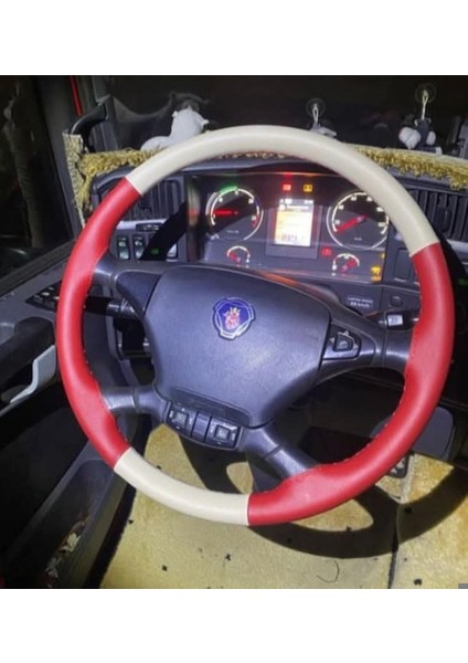 Dikişli Direksiyon Kılıfı Bej / Kırmızı Deri Kırmızı Dikişli Scania Fotodaki Direksiyon Için