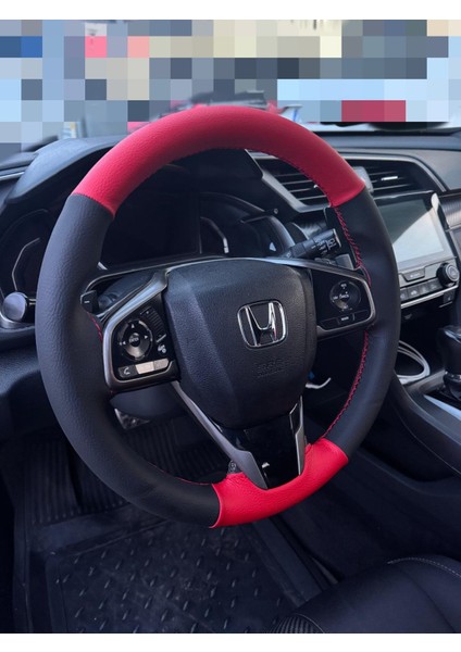 Dikişli Direksiyon Kılıfı Kırmızı / Siyah Deri Kırmızı Dikişli Honda Civic 2017-2025 Arası Için