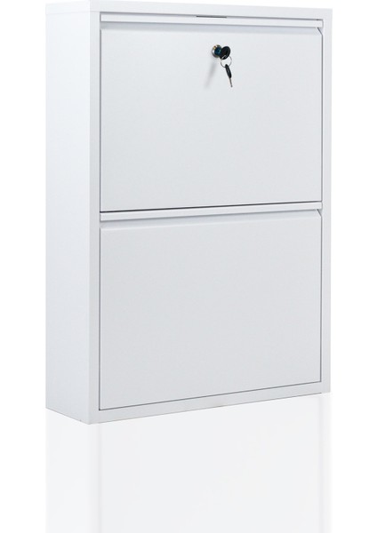 2 Kapaklı Kilitli Ayakkabılık Raflı Ayakkabılık Beyaz Metal Ayakkabılık