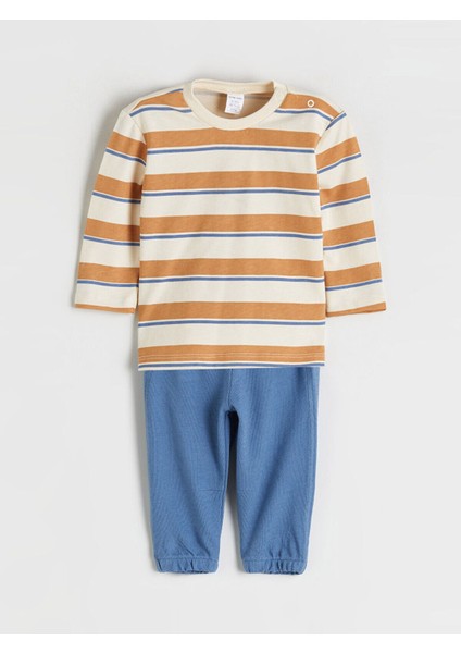 Bisiklet Yaka Uzun Kollu Çizgili Erkek Bebek Tişört ve Eşofman Altı 2'li