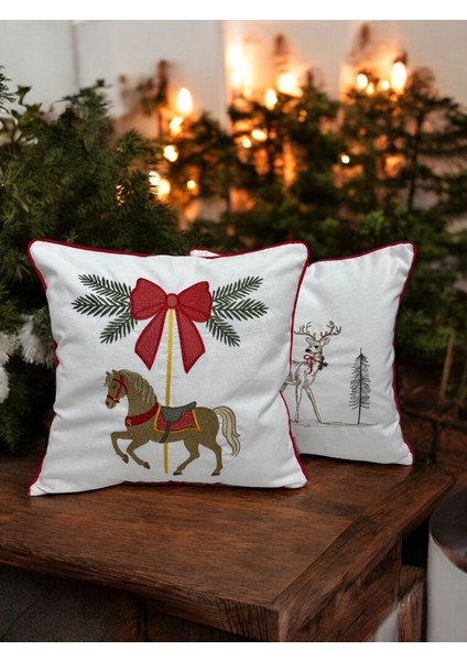 At Desen Nakışlı Biyeli Kırlent Kılıfı