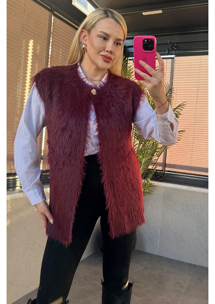 Tek Düğmeli Sakallı Bordo Yelek