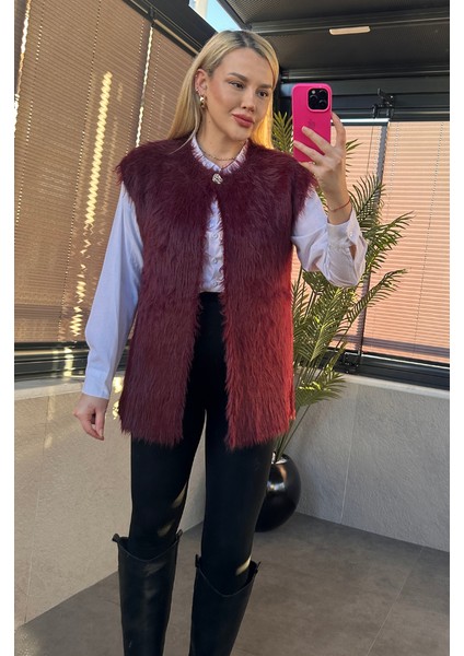 Tek Düğmeli Sakallı Bordo Yelek