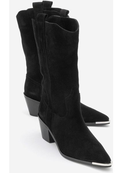 Alvı Siyah Süet Hakiki Deri Metal Detaylı Kadın Western Bot