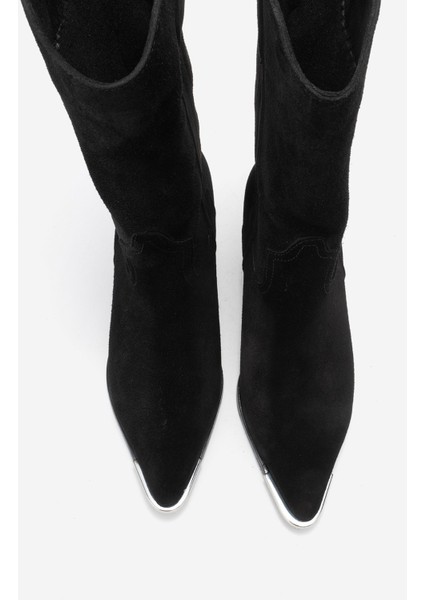 Alvı Siyah Süet Hakiki Deri Metal Detaylı Kadın Western Bot fiyatları