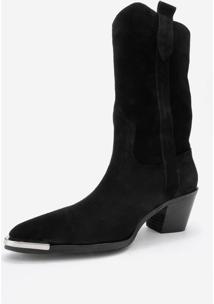 Alvı Siyah Süet Hakiki Deri Metal Detaylı Kadın Western Bot fırsatları