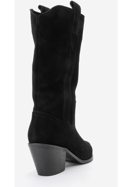 Alvı Siyah Süet Hakiki Deri Metal Detaylı Kadın Western Bot indirimleri