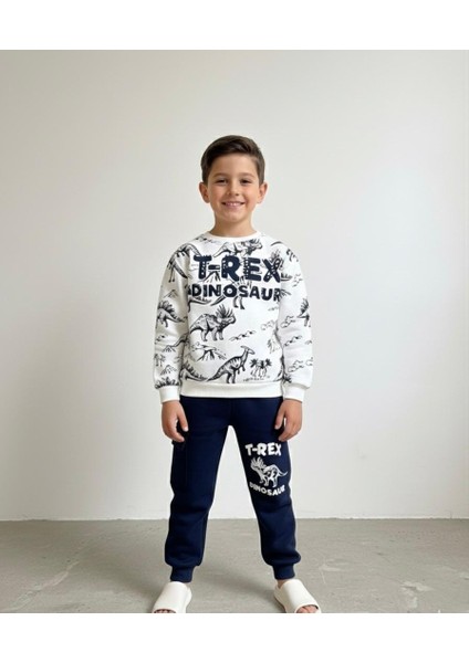 T-Rex ve Dinozor Desenli Baskılı Beyaz Sweatshirt ve Lacivert Eşofman Takımı