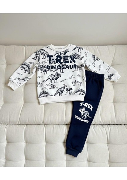 T-Rex ve Dinozor Desenli Baskılı Beyaz Sweatshirt ve Lacivert Eşofman Takımı modelleri