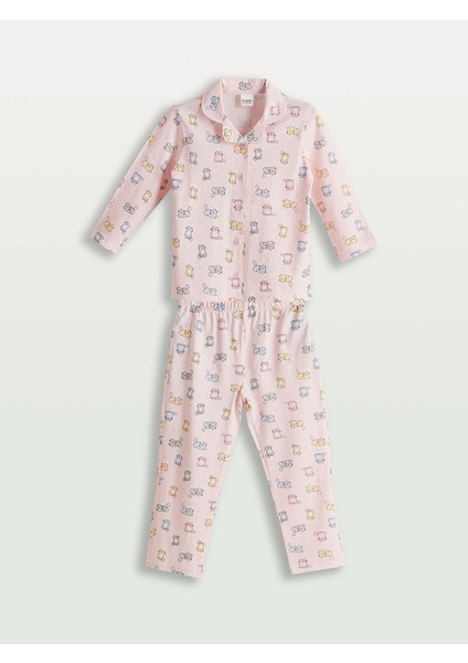 Yeni Sezon Gömlek Yaka Baskılı Kız Çocuk Pijama Takım