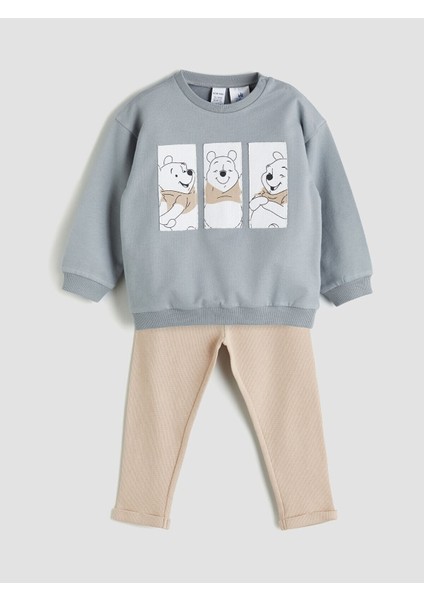 Bisiklet Yaka Uzun Kollu Winnie The Pooh Baskılı Erkek Bebek Sweatshirt ve Eşofman Alt 2'li Takım