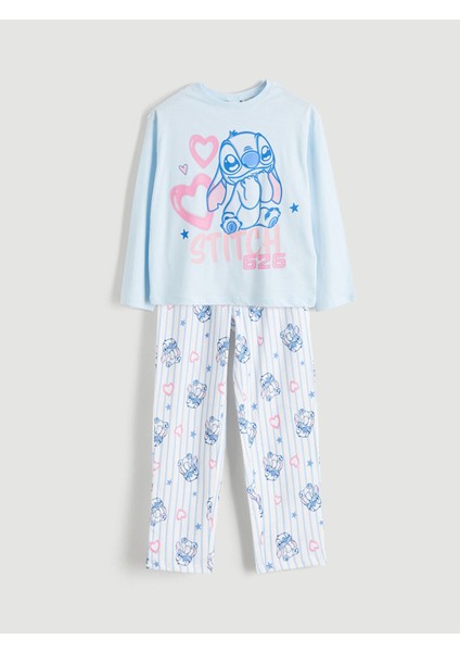 Bisiklet Yaka Stitch Baskılı Kız Çocuk Pijama Takımı