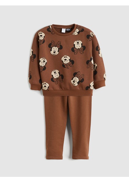 Bisiklet Yaka Minnie Mouse Baskılı Kız Çocuk Sweatshirt ve Tayt