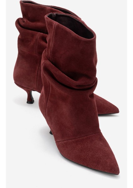 Baleı Bordo Süet Hakiki Deri Kadın Kısa Topuklu Bot