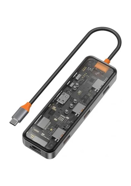 8 In 1 Type-C Hub 100W Şarj Destekli Şeffaf Görünümlü Sd KART-RJ45-HDMI-USB Çoğaltıcı