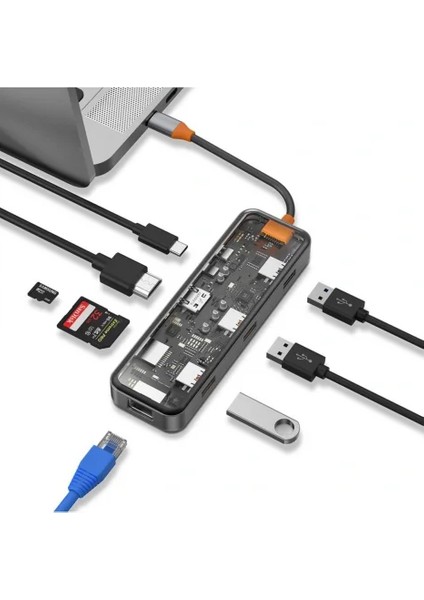 8 In 1 Type-C Hub 100W Şarj Destekli Şeffaf Görünümlü Sd KART-RJ45-HDMI-USB Çoğaltıcı fırsatları