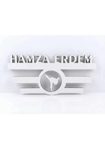 Kişiye Özel Isimli Ahşap Madalya Askısı - Karate ve Tekvando Figürlü Sporcu Madalyalığı
