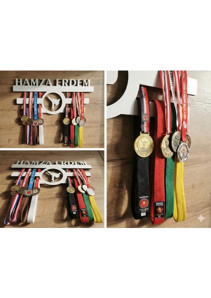 Kişiye Özel Isimli Ahşap Madalya Askısı - Karate ve Tekvando Figürlü Sporcu Madalyalığı modelleri