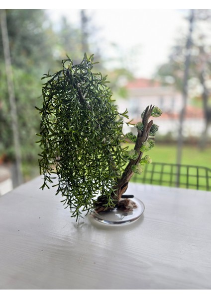 El Yapımı Sarkık Yapraklı Bonsai Ağaç – Doğal Ağaç Gövdesi & Epoksi Tabanlı Yeşil Dekoratif Masa Üstü Süs