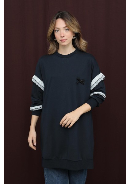 10718 2 Ip Kumaş Fırfır Detaylı Sweatshirt