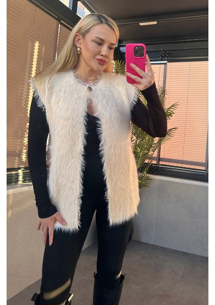 Tek Düğmeli Sakallı Ekru Yelek