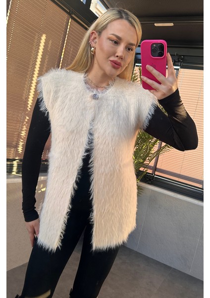 Tek Düğmeli Sakallı Ekru Yelek