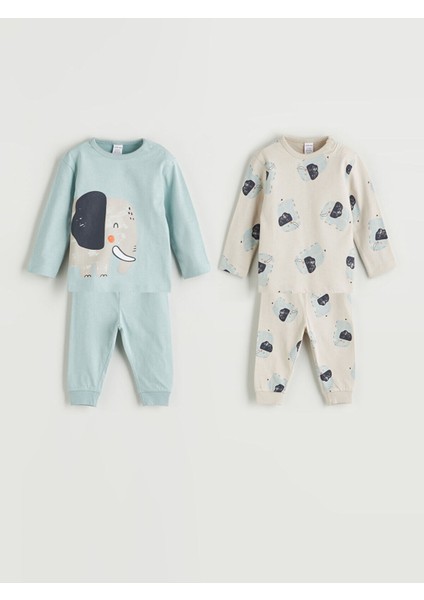 Yeni Sezon Bisiklet Yaka Baskılı Erkek Bebek Pijama Takımı 2'li