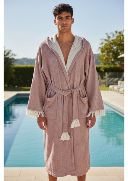 Bohem Kapüşonlu 4 Kat Müslin Organik Unisex Bornoz, Gül Kurusu fırsatları