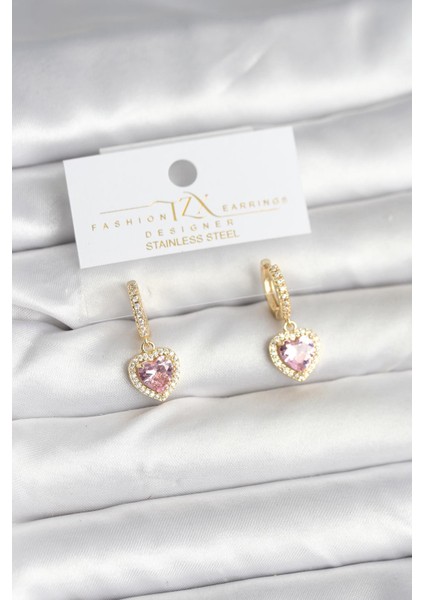 Pirinç Gold Pembe Renk Zirkon Taşlı Kalp Model Kadın Küpe - Lisinya
