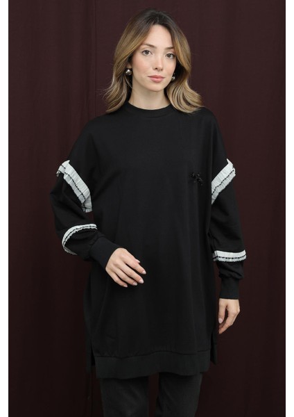 10718 2 Ip Kumaş Fırfır Detaylı Sweatshirt