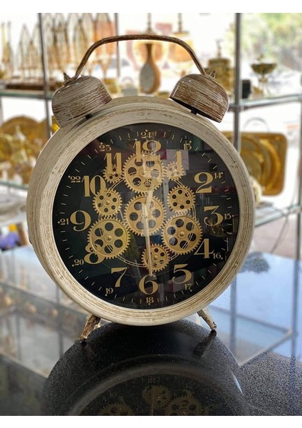 Antık Dönen Çarklı Krem Eskitme Masa ve Duvar Saati