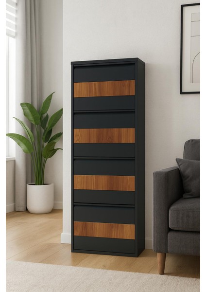 4'lü Antrasit Metal Ayakkabılık Ahşap Ceviz Kaplamalı fiyatları