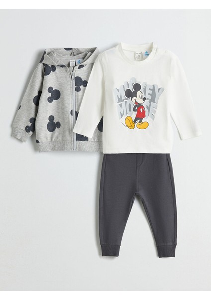 Yeni Sezon Kapüşonlu Mickey Mouse Baskılı Erkek Bebek 3'lü Takım