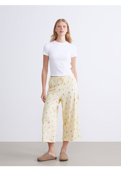 Yeni Sezon Beli Lastikli Baskılı Kadın Kapri Pijama Altı