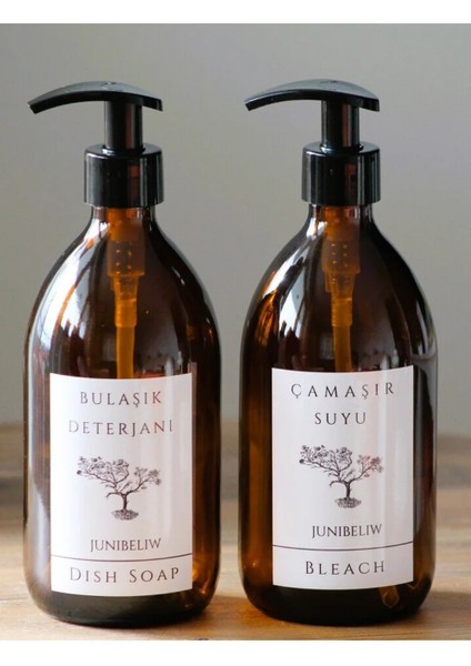 2li Set Beyaz Boş Amber Cam Şişe Bulaşık Deterjanlık Çamaşır Suyu Etiketli Sabunluk 2X500ML