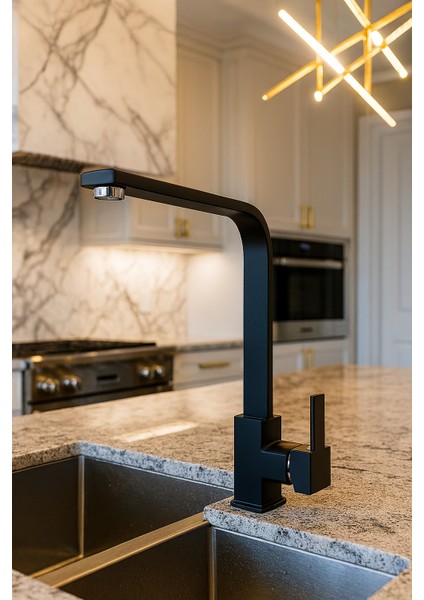 KARE MODEL PİRİNÇ GÖVDE SİYAH LÜX MUTFAK EVİYE BATARYASI