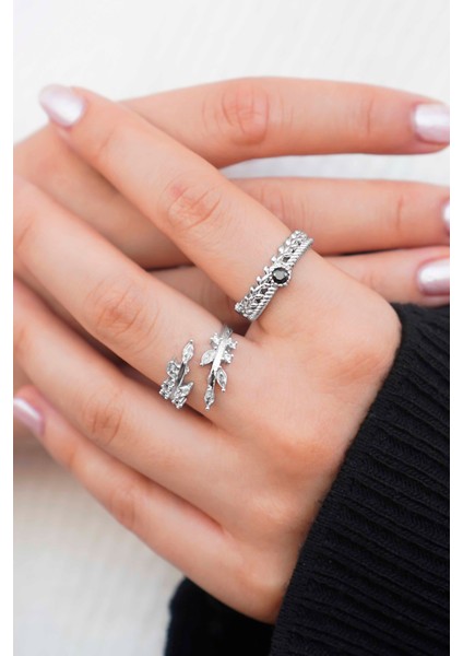 Gümüş Yaprak Taşlı & Siyah Taşlı Modern Yüzük Seti (2’li) - Ayarlanabilir