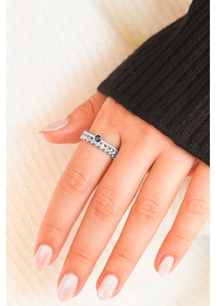 Gümüş Yaprak Taşlı & Siyah Taşlı Modern Yüzük Seti (2’li) - Ayarlanabilir fiyatları