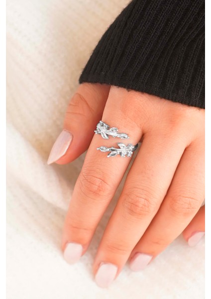 Gümüş Yaprak Taşlı & Siyah Taşlı Modern Yüzük Seti (2’li) - Ayarlanabilir modelleri