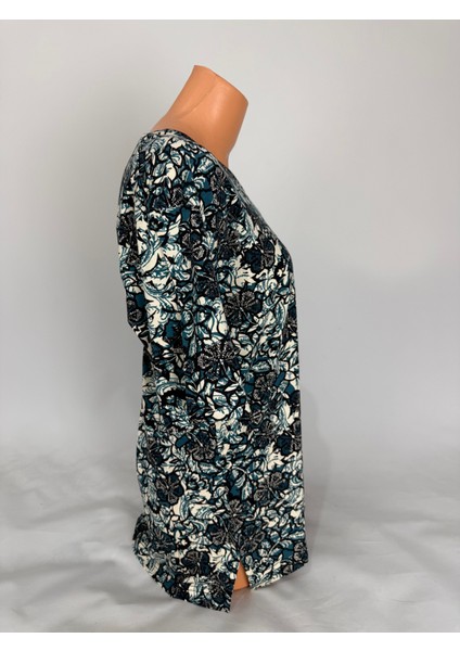 Kadın Yeşil U Yaka Kısa Kollu Çiçek Desenli Yırtmaçlı Dokuma Viskon Anne Penye Tişört fiyatları