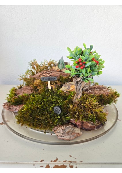 Mini Peyzaj Bonsai Modeli – Doğal Yosunlu & Ağaç Kabuğu Üzeri Epoksi Tabanlı Masa Dekoru