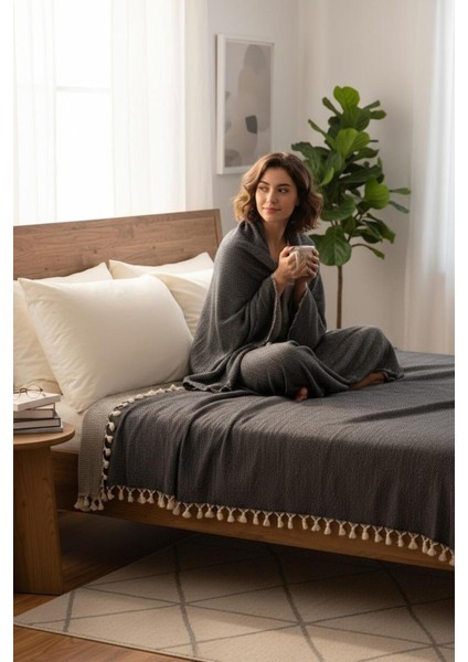 %100 Pamuk Çift Kişilik Püsküllü Pike, Yatak Örtüsü 200X320CM