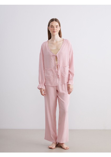 Yeni Sezon V Yaka Çizgili Kadın Pijama Takımı