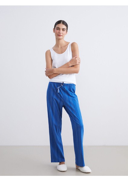 Mavi Beli Lastikli Çizgili Kadın Pijama Alt