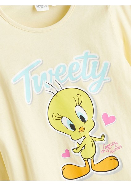 Bisiklet Yaka Tweety Baskılı Kız Çocuk Pijama modelleri