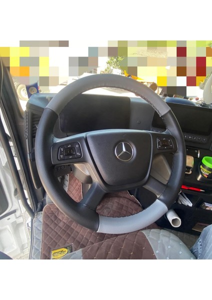 Dikişli Direksiyon Kılıfı Gri Deri Siyah Deri Siyah Dikişli Mercedes Yeni Kamyon Tir Için