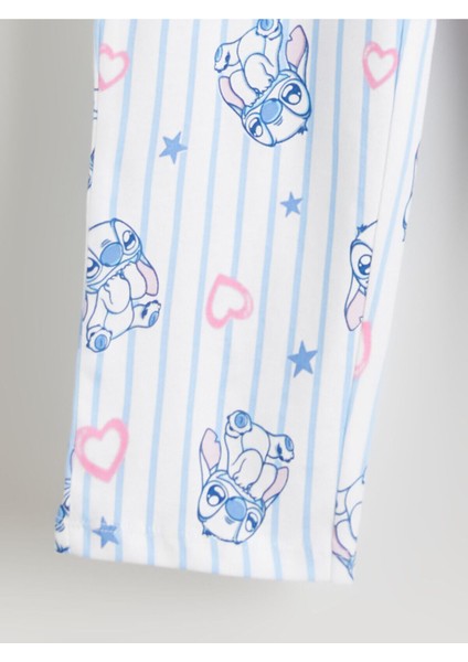 Bisiklet Yaka Stitch Baskılı Kız Çocuk Pijama Takımı