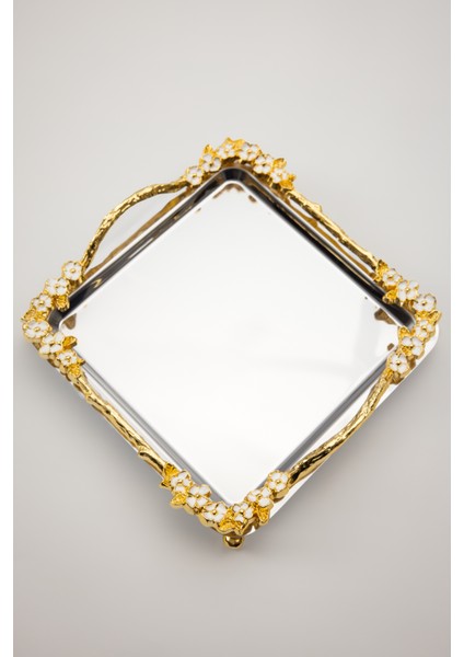 Lüks Kare Çelik Sunum Tepsisi | Gold Renkli Dallı Mineli Çiçekli Ayaklı Paslanmaz Söz Tepsisi 21X21 cm